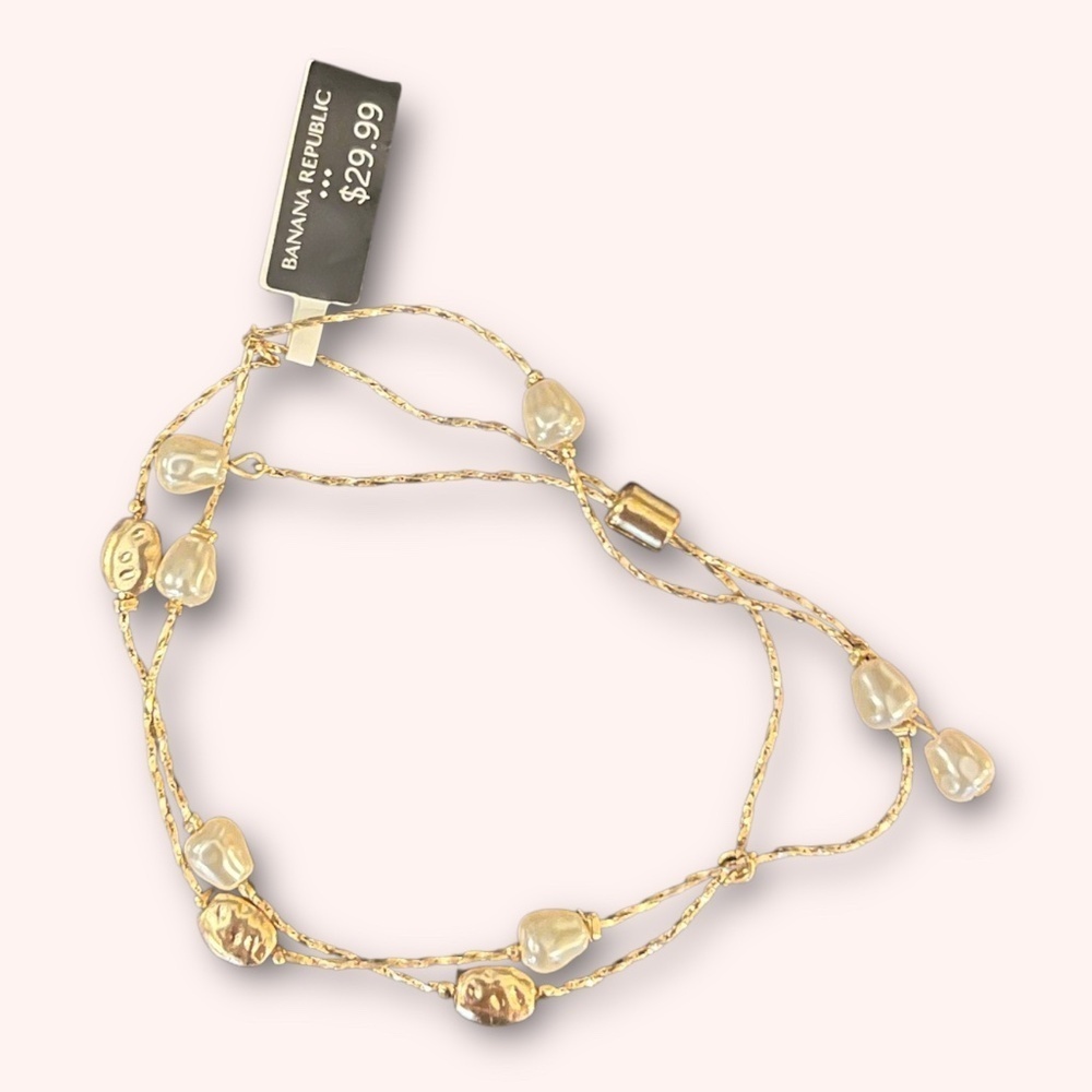 Banana Republic Gold Adjustable Bracelet with Faux Pearls and Hammered Beads NWT